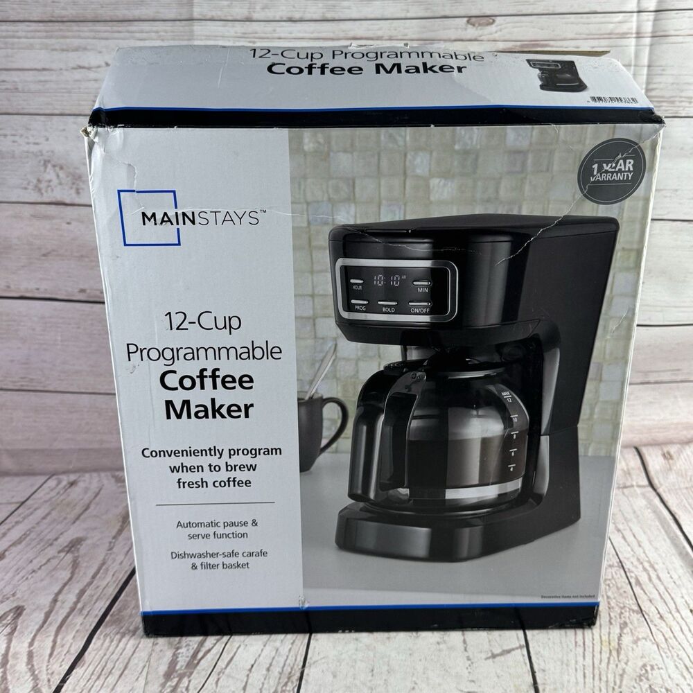 Mainstays 12 Cup Programmable Coffee Maker Black Auto Brew Glass Carafe